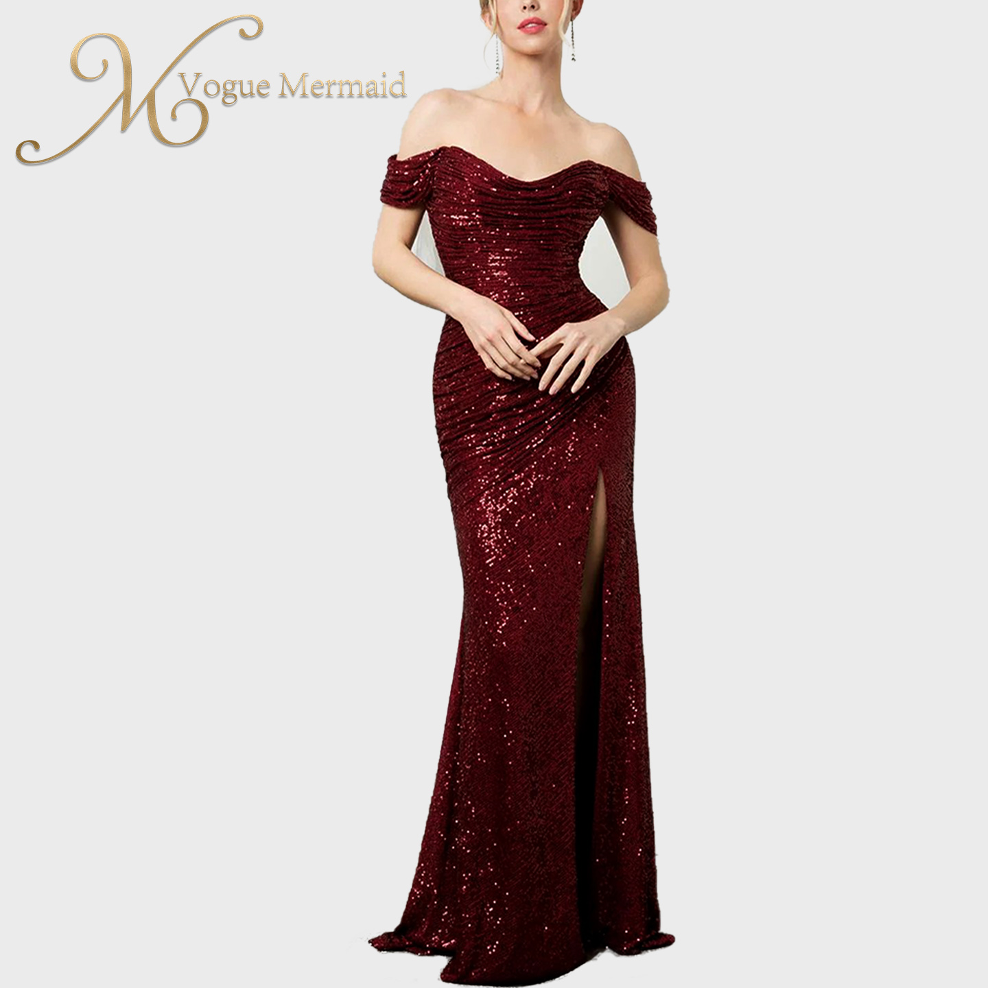 Boat Neckline Skirt Slit Design Long Sequin Dress